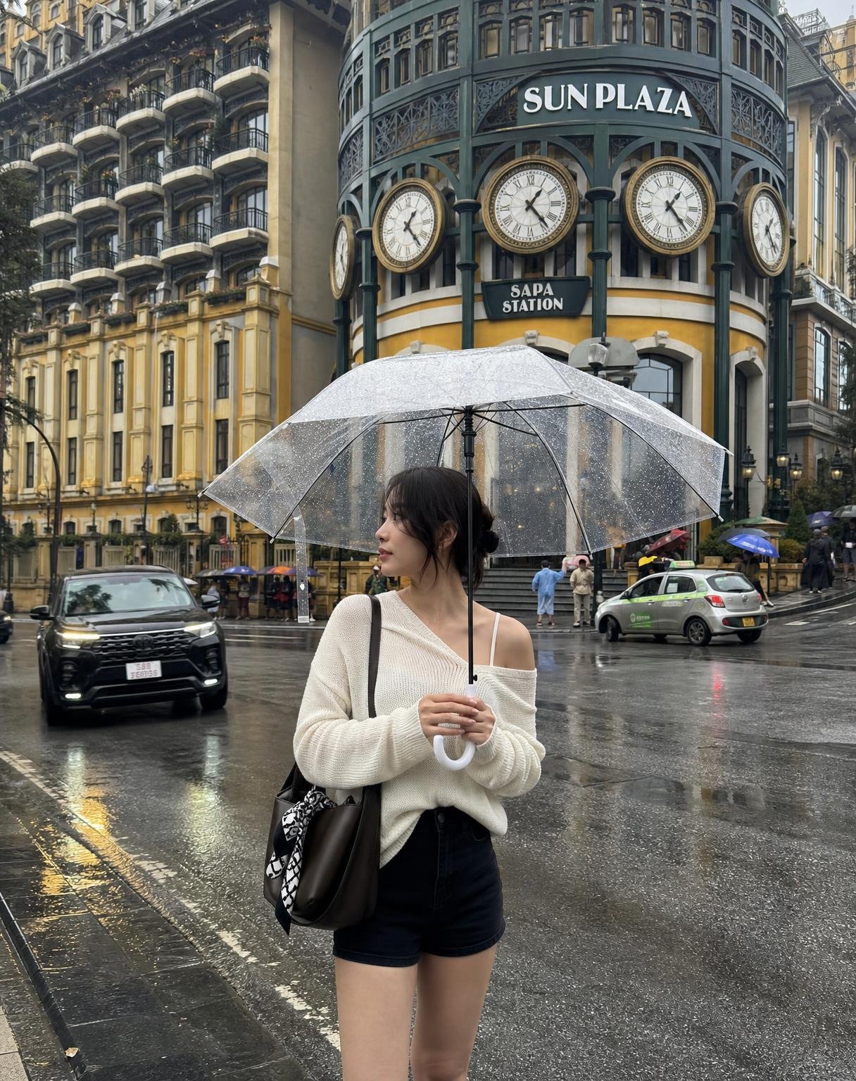 Generate an ultra-realistic 9:16 vertical rainy-day street photograph featuring 