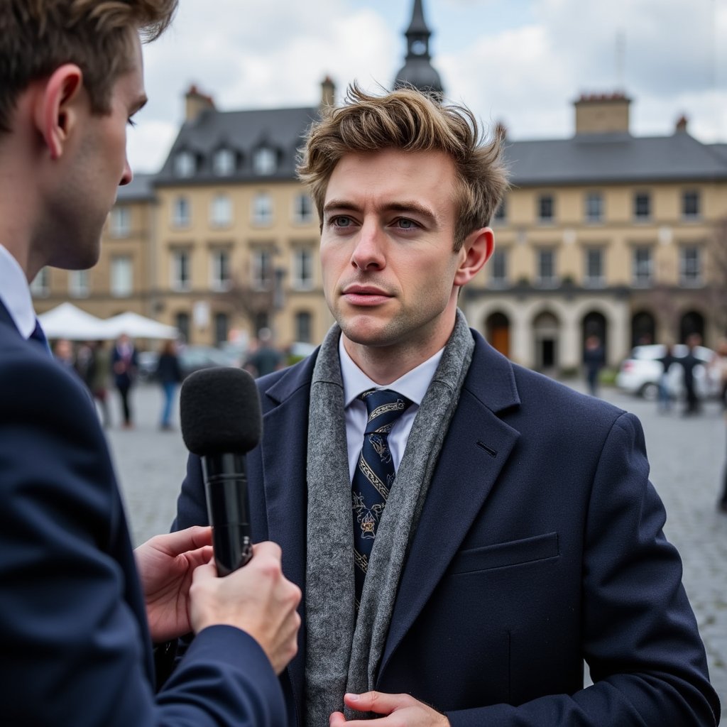 Highly realistic, highly detailed HDR image of a man journalist in a dark wool overcoat over a navy suit, gray scarf draped loosely; short neatly styled hair. Camera: 35mm lens, f/2.8, ISO 200, half-body, shot at slight upward angle outdoors. Lighting: bright overcast sky as giant softbox, natural catchlight in eyes, soft jawline shadow. Pose: holding handheld microphone toward unseen subject, expression focused and inquisitive. Background: blurred urban plaza with faint silhouettes of passersby, minimal clutter