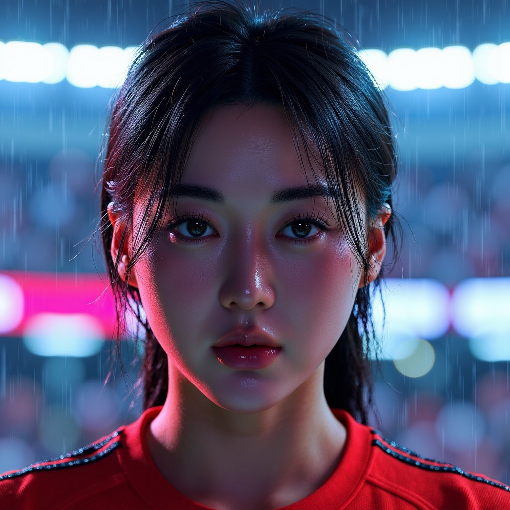 Close-up headshot of a player under neon-lit rain with water droplets on face, motion blur in background, hyper-detailed rendering — EA SPORTS FC next-gen look