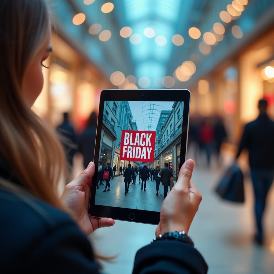 A close-up of a person's hands holding a tablet with a Black Friday sale webpage, with a city skyline blurred in the background