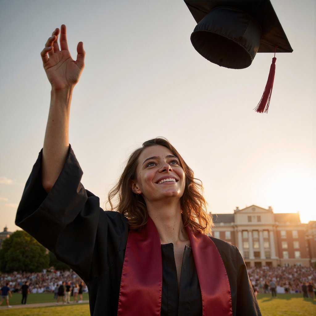 Waist-up image of a woman graduate gazing up toward a graduation cap suspended mid-air, arms still lowered (no movement captured); wearing black gown, crimson stole, mortarboard just tossed upward; loose wavy hair, sunlight catching strands; camera below shoulder level angled upward, 70 mm lens, f/2.8; golden-hour lighting, flare at image edge; background: blurred open campus field, warm sky gradient; detailed realism in hair texture, stole satin highlights, tassel threads, natural smile; highly detailed, highly realistic, HDR finish, no clutter.