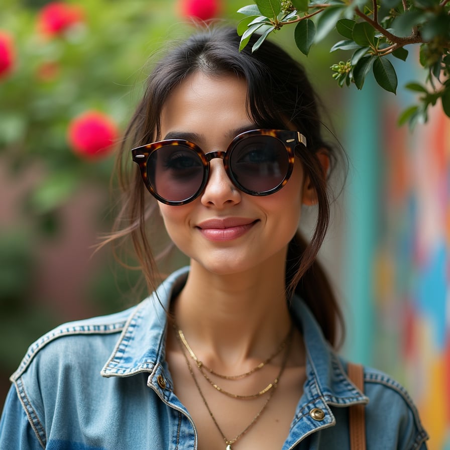 A young woman with a radiant complexion and dark hair pulled back gazes playfully through large, trendy sunglasses, a tree branch elegantly crossing her face just above her left eyebrow. Her head is slightly tilted, and she wears a subtle smile, with her lips slightly parted. She stands in a vibrant, cluttered park with lush greenery and colorful flowers in full bloom behind her, the background softly blurred to emphasize her features. A faded denim jacket and a layered necklace add to her casual-chic appearance, as natural light catches her face and sunglasses, highlighting her carefree and youthful vibe.