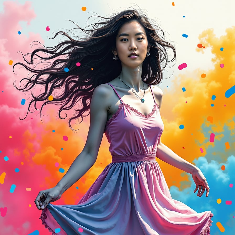 A fully coloured  vibrant sketch of a young woman dancing at a lively festival, her dress swirling around her as she moves to the rhythm of the music. The sketch is filled with splashes of bright colors—pink, orange, blue, and yellow—representing the energy and celebration in the air. Her expression is joyful, her hair flowing wildly in the wind, with abstract patterns and colorful smoke filling the background. The lines are quick and loose, emphasizing the movement, while the bold, saturated colors create a sense of excitement and freedom.