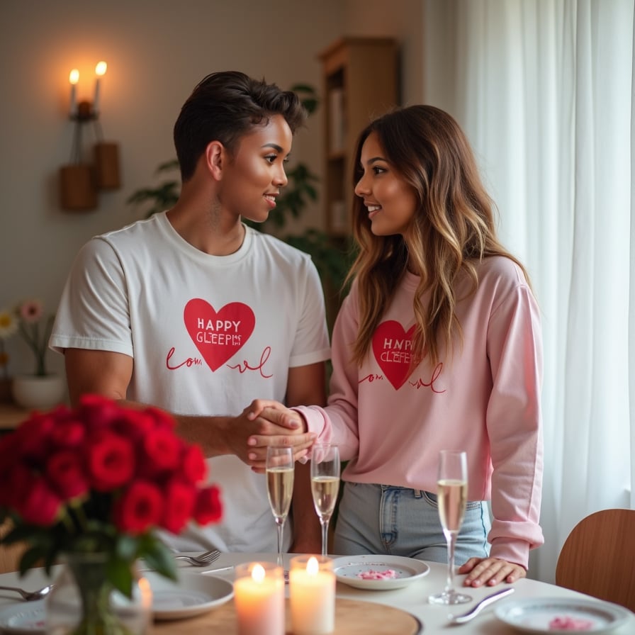 A couple holding hands while wearing matching Valentine's Day outfits, standing beside a table set for two with candles, champagne glasses, and a bouquet of roses.