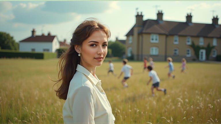 girl looking far into the fields, positioned on the right side of the frame, bri