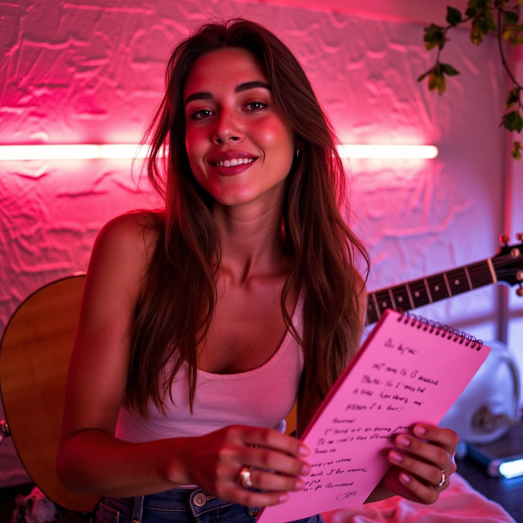 Close-up portrait of a mellow musician holding a notepad with scribbled lyrics, guitar out of focus in the background, captured in a quiet songwriting moment