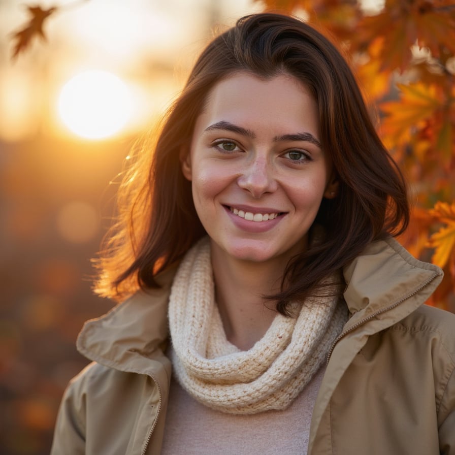 Highly detailed, highly realistic, hyperrealistic HDR close-up portrait of a woman (female, ~27 yrs) standing outdoors during late afternoon golden hour. Camera head-and-shoulders, focus tight on face, background blurred into soft amber foliage. She wears a light tan trench coat with collar folded open and a cream knit scarf wrapped loosely around her neck. Her hair is chestnut brown, soft waves catching the sun. The light creates warm rim highlights and soft bokeh flares around her silhouette. Skin texture visible with faint freckles and rosy undertones. Expression calm, gentle smile. Background purely color field of gold and rust tones — no clutter. HDR, high resolution, high quality, highly detailed, photorealistic.