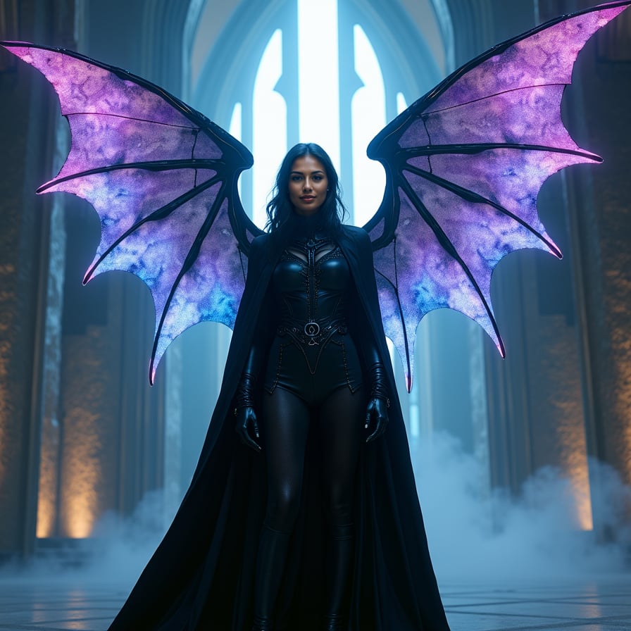 Depict a futuristic vampire woman with holographic wings standing in a grand, futuristic cathedral-like structure. Her wings emit a faint, digital glow, shifting colors between violet and blue. She wears a dark, high-collared cloak with neon accents, and her skin is porcelain white. She stands atop a platform, looking down as if she’s about to make an announcement, with holograms of ancient vampire symbols floating in the air around her.