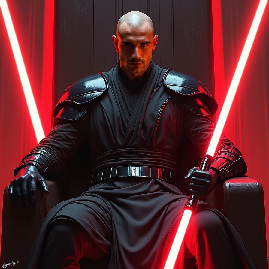 A male Sith Lord sits on a throne, facing the camera with an intense, fierce expression. Dressed in dark armor, he holds a red lightsaber across his lap, with shadows surrounding him. The red glow of lights in the chamber adds an ominous atmosphere.