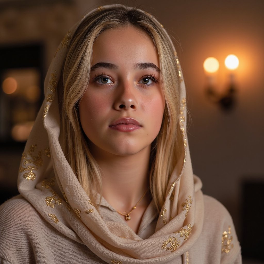 Close-up headshot of a woman in an elegant hijab with gold embroidery, eyes closed in reflection, soft background lights resembling Mawlid night ambiance