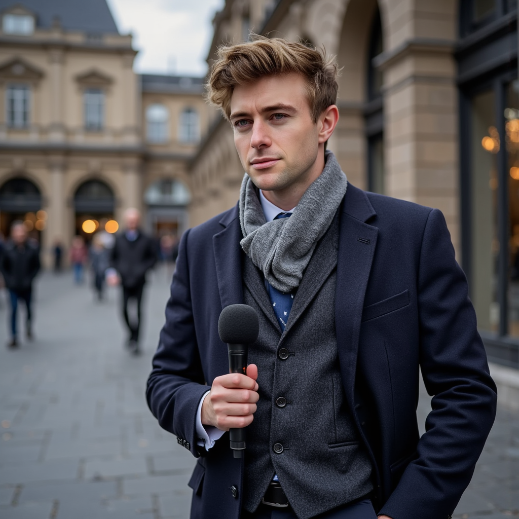 Highly realistic, highly detailed HDR image of a man journalist in a dark wool o