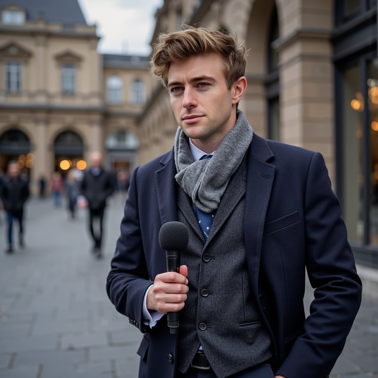 Highly realistic, highly detailed HDR image of a man journalist in a dark wool o