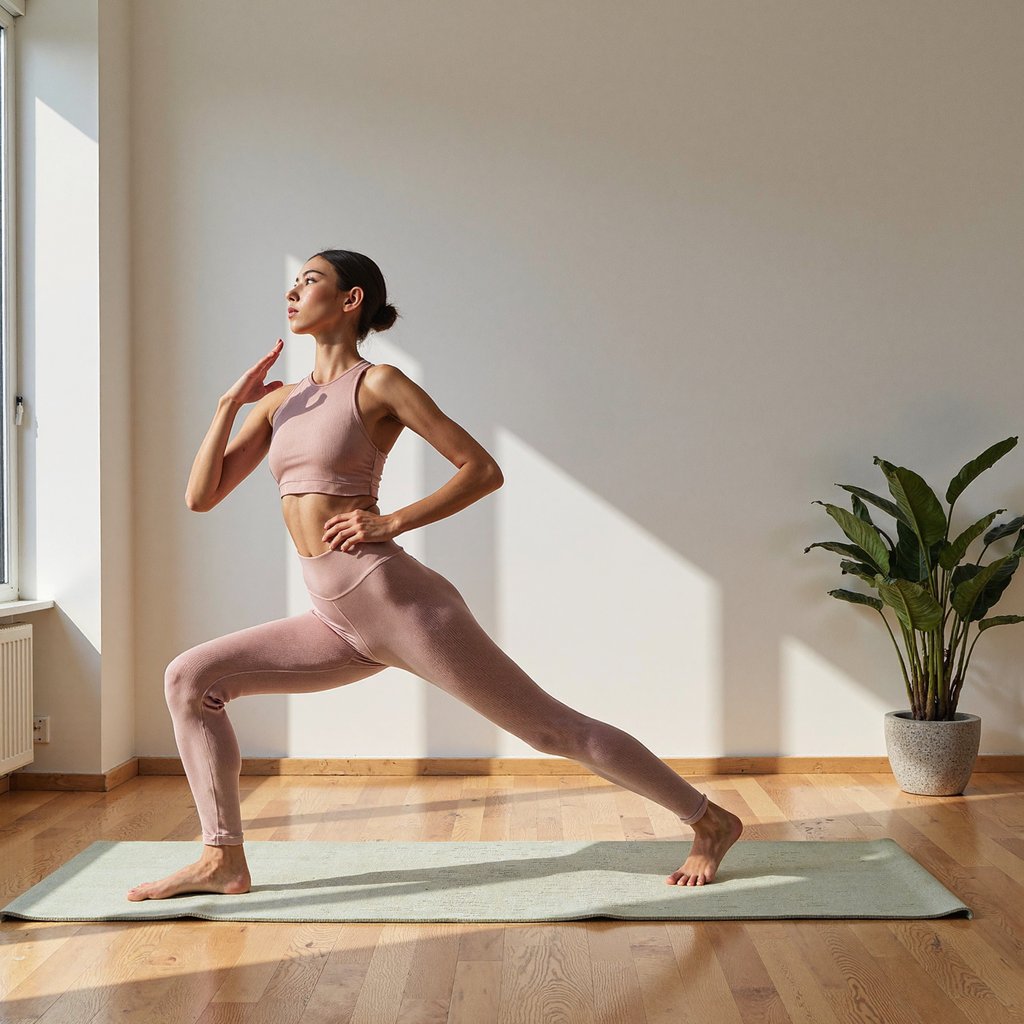 Woman in Warrior II (Virabhadrasana II) on a pale sage mat in a sunlit, minimalist studio; low bun hairstyle, serene expression, eyes over front fingertips; wearing a pastel seamless set (dusty-rose sports bra and leggings with fine rib knit texture), bare feet; camera at chest height, 35mm, f/3.2, 1/200, ISO 400; soft north-window daylight with gentle fill from a white bounce, crisp floor shadows defining geometry; clean light-oak floor and white wall with faint plant shadow, minimal clutter; straight horizon, symmetrical composition with leading lines from floorboards; skin texture natural and smooth, fabric weave and seams visible; highly detailed, highly realistic, HDR.