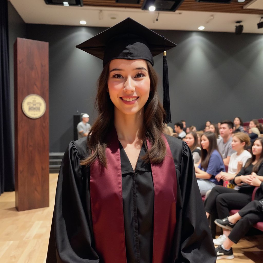 Portrait of a woman graduate, tight head-and-shoulders framing, wearing a matte black graduation gown with a burgundy satin stole and a fitted mortarboard (tassel draped on the right, silk threads visible); soft waves hairstyle tucked behind one ear, subtle natural makeup with defined lashes and soft rose lip; gentle confident smile, eyes bright; camera straight-on at eye level with a slight 3/4 shoulder turn; 85mm lens, f/2, ISO 100, 1/200s; clamshell lighting (large softbox above-camera + silver reflector below) for even skin, delicate catchlights; seamless dark gray backdrop with a faint, out-of-focus university seal pedestal off to one side; textures visible in the gown’s matte crepe folds and the stole’s satin sheen; minimal clutter, shallow depth of field, clean bokeh, ultra-sharp eyes, highly detailed, highly realistic, HDR.