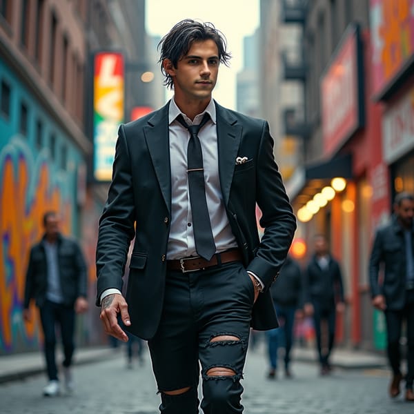man in stylish suit and tie, walking confidently down a bustling city street, against a backdrop of towering skyscrapers and blurred pedestrians, with a sense of urban sophistication and refinement.