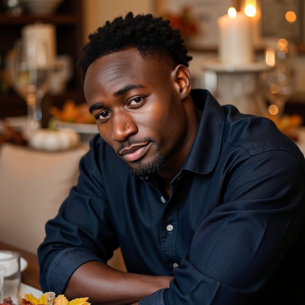 Highly detailed, highly realistic, hyperrealistic HDR waist-up portrait of a man (male, ~32 yrs) seated close to a Thanksgiving table. He wears a dark navy collared shirt with sleeves rolled to mid-forearm. The lighting comes from an overhead chandelier and side candlelight, producing warm highlights along his cheekbones and hairline. His expression open and gentle, as if mid-conversation. Background blurred — visible warm tones of wood, glass reflections, and hints of food platters without clutter. Detailed fabric weave, skin texture, and candle reflections give tactile realism. HDR, high resolution, high quality, highly detailed, photorealistic.