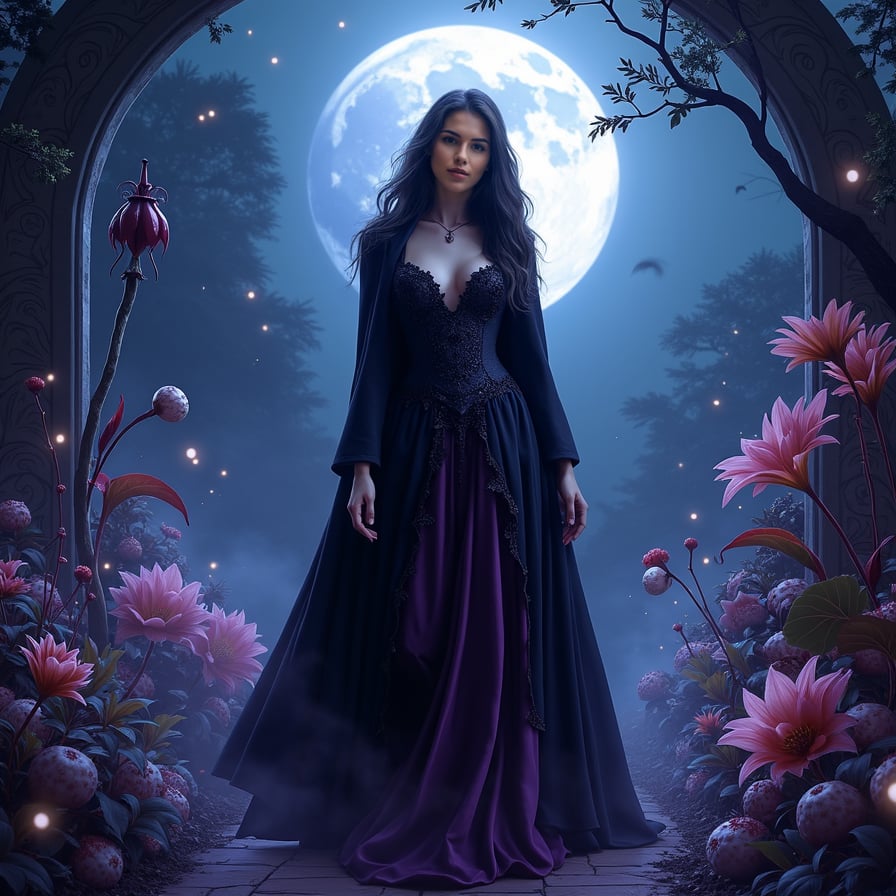 Show a graceful vampire woman wandering through an enchanted, moonlit garden filled with exotic, bioluminescent plants and flowers. She has a timeless beauty, with delicate fangs peeking through her gentle smile, and wears a flowing gown in deep purples and blues that matches the garden’s hues. Mist swirls around her feet as she walks, and fireflies light up the scene, adding a mystical charm.