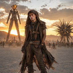 Create Burning Man AI images with surreal styling, desert energy, expressive costumes, and bold festival visuals.