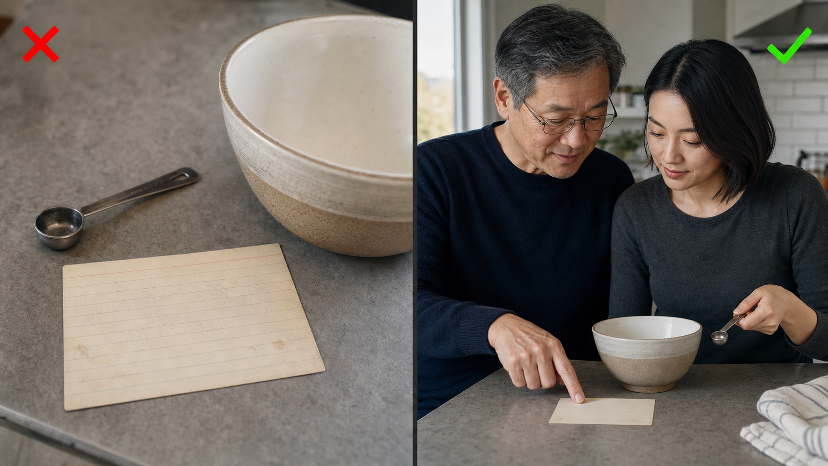 Comparison showing recipe details alone and relatives cooking together at Thanksgiving