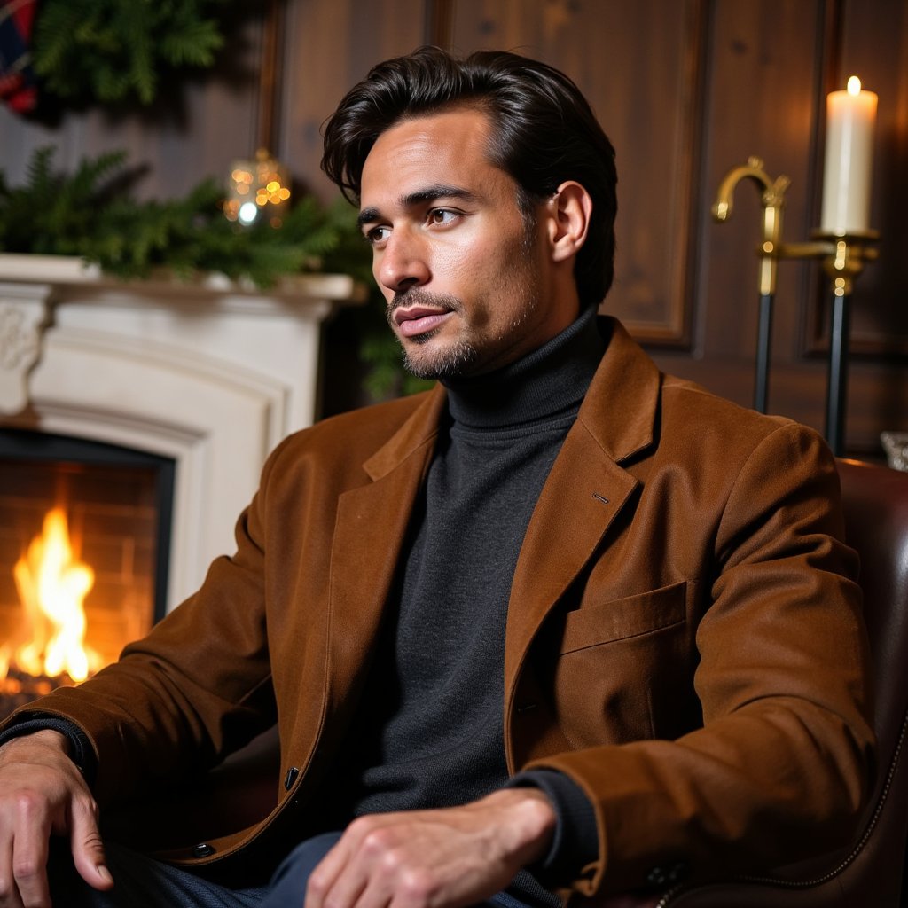 Man sitting near a crackling fireplace, profile angle at 45°, gaze slightly off-camera, thoughtful. Hairstyle: tousled medium-length waves with light texture, light stubble. Attire: charcoal wool turtleneck under a brown suede jacket. Fabric details: visible suede nap, tight rib knit texture on turtleneck. Camera: slightly low angle, 50mm lens, f/2.0. Lighting: warm directional key from fire + soft fill from opposite side, highlights reflecting in eyes. Background: blurred stone hearth, brass fire tools, hanging evergreen wreath. Pose: one arm resting on chair arm, subtle lean forward. Render: highly detailed, highly realistic, HDR; warm golden tones, natural imperfections retained.