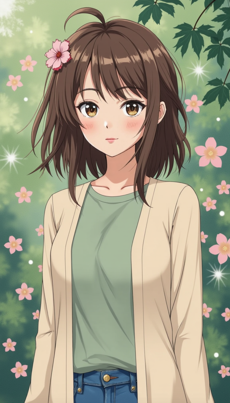 A woman depicted precisely as a character from one of Studio Ghibli's famous sce