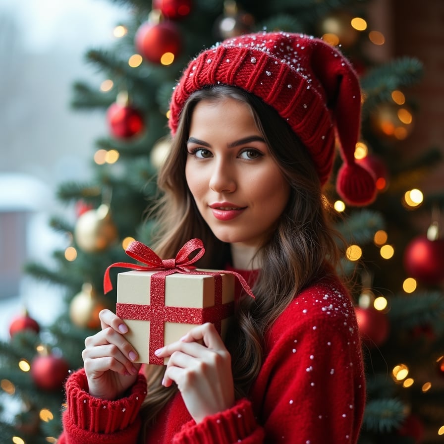 woman dressed up and posing for christmas gift card in front of a christmas tree, decorations in the background, snowy weather outside