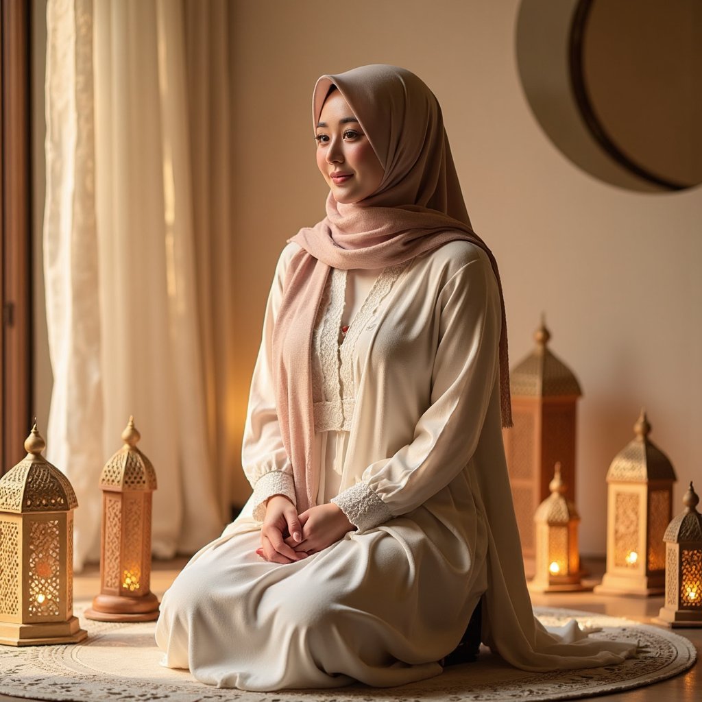Knee-up portrait of a woman in a flowing abaya with soft pastel hues, subtle smile, surrounded by decorative lanterns in gentle golden light — inspired by Mawlid traditions
