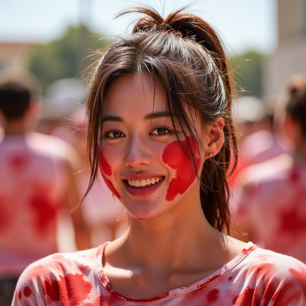 Headshot of a playful woman winking with tomato sauce smeared across one cheek, messy ponytail, red-stained festival shirt, pure La Tomatina joy