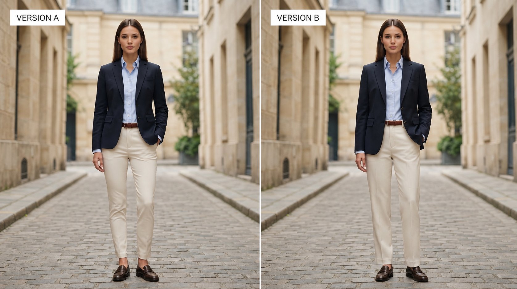 Two versions of the same navy outfit comparing a tighter fit against a more relaxed drape
