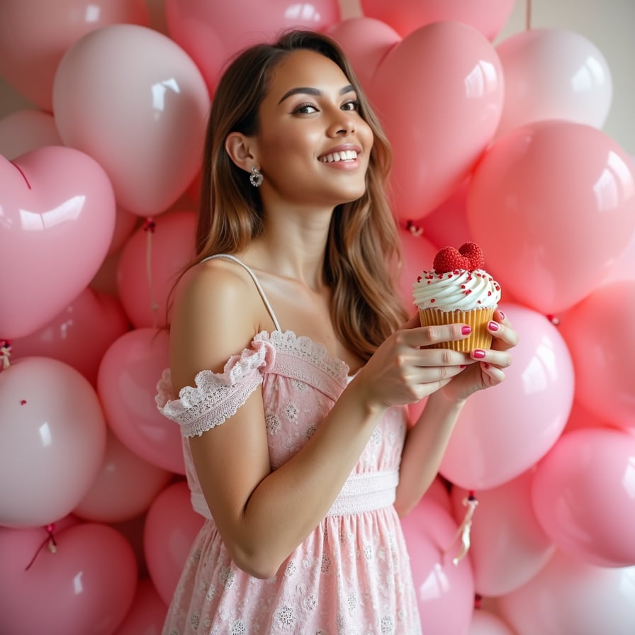 A model surrounded by pastel-colored heart-shaped balloons, wearing a pink and white dress with lace details, holding a cupcake with heart sprinkles.
