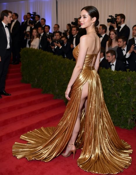 A mesmerizing figure at the Met Gala 2026, embodying the "Fashion is Art" theme, stands adorned in a breathtaking sculptural molten gold couture gown. The dress, a tribute to Gaurav Gupta's visionary aesthetic, features fluid metallic drapes that coil and arc around the body, forming an intricate, abstract masterpiece. Her skin glows with a dewy luminosity, perfectly complemented by soft glam makeup that highlights her features. Her hair, styled in a sleek, wet-look, adds a touch of modern drama. The scene is bathed in dramatic, museum-like lighting, casting cinematic shadows across the vibrant red carpet backdrop, creating an ultra-realistic, high-fashion editorial shot in stunning 8k detail.