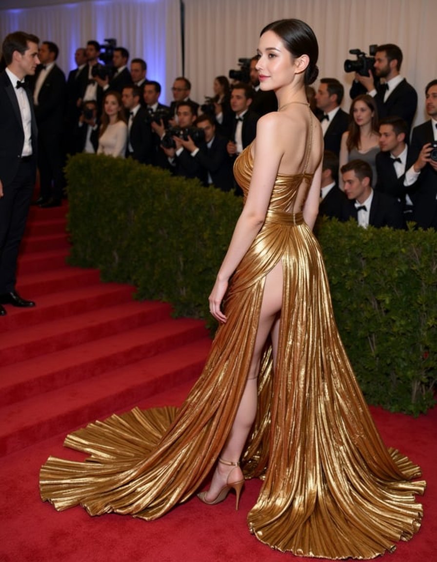 A mesmerizing figure at the Met Gala 2026, embodying the "Fashion is Art" theme, stands adorned in a breathtaking sculptural molten gold couture gown. The dress, a tribute to Gaurav Gupta's visionary aesthetic, features fluid metallic drapes that coil and arc around the body, forming an intricate, abstract masterpiece. Her skin glows with a dewy luminosity, perfectly complemented by soft glam makeup that highlights her features. Her hair, styled in a sleek, wet-look, adds a touch of modern drama. The scene is bathed in dramatic, museum-like lighting, casting cinematic shadows across the vibrant red carpet backdrop, creating an ultra-realistic, high-fashion editorial shot in stunning 8k detail.