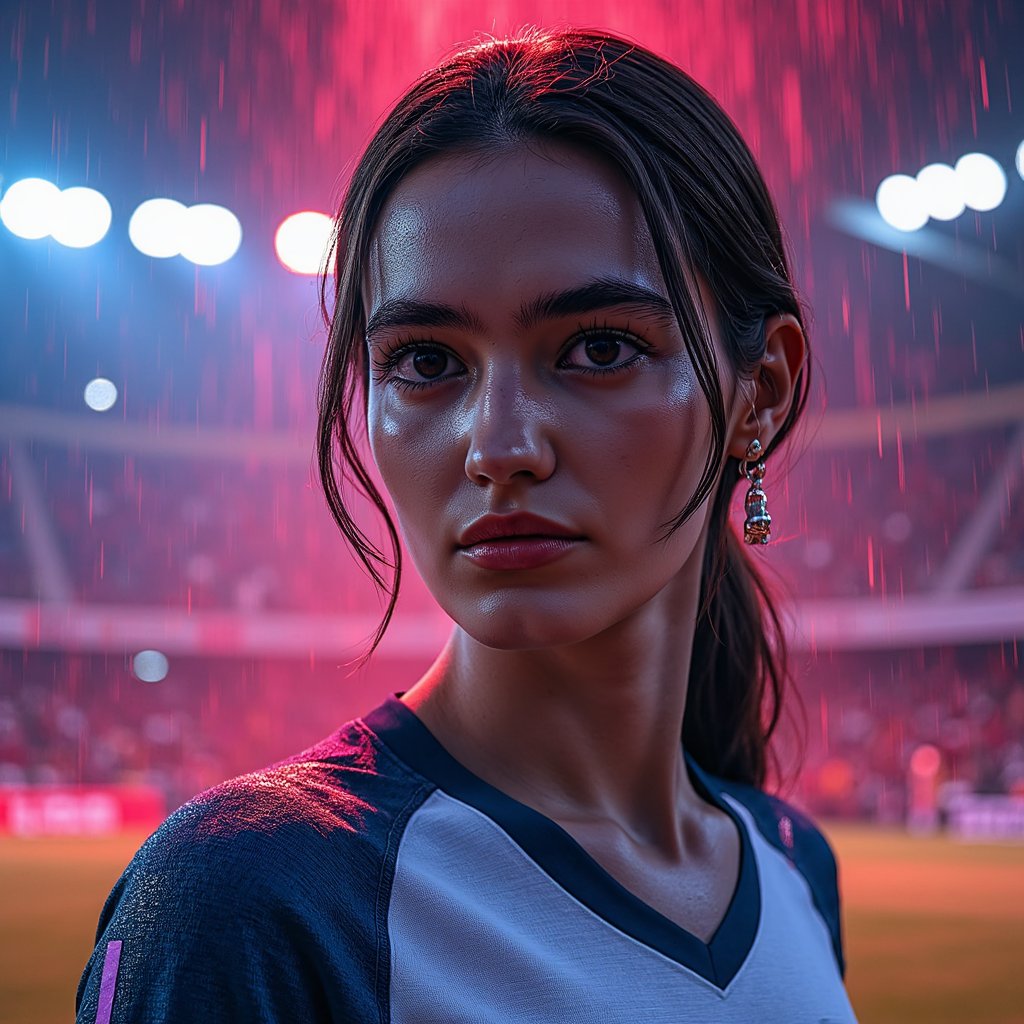 Close-up headshot of a player under neon-lit rain with water droplets on face, motion blur in background, hyper-detailed rendering — EA SPORTS FC next-gen look