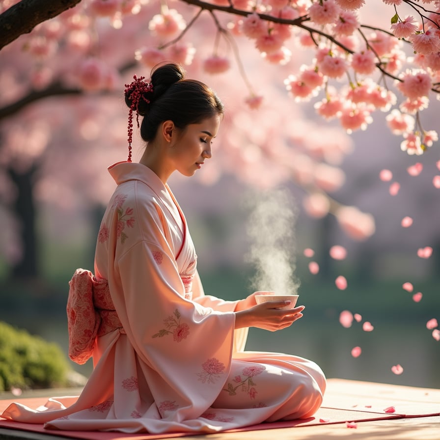 A graceful woman in a delicate silk kimono kneels on a tatami mat under a cherry blossom tree, performing a traditional Japanese tea ceremony. The steam from the teacup rises gently as pink petals float in the air around her.