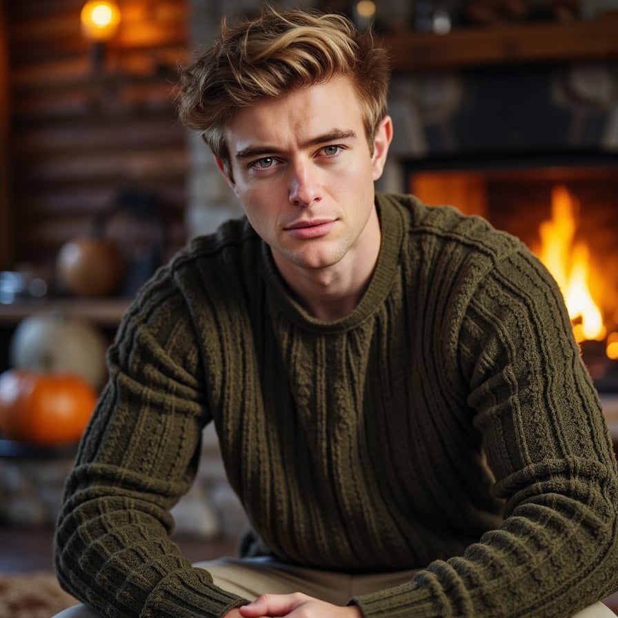 Hyperrealistic, highly detailed, HDR waist-up portrait of a man (male, ~35 yrs) sitting near a glowing fireplace in a dimly lit cabin interior. Camera slightly above eye level (~10° down). He wears a dark olive knit sweater with thick ribbed cuffs and visible wool fibers, sleeves loosely folded at wrists. His elbows rest lightly on knees, hands loosely clasped. Firelight reflects softly in his eyes, adding amber glow to facial contours. Background blurred but warm — faint flicker of flames and texture of brick hearth. Visible details: skin pores, faint stubble, sweater fibers, reflected light gradients on face. The mood: introspective Thanksgiving evening. HDR, high resolution, high quality, highly detailed, photorealistic.