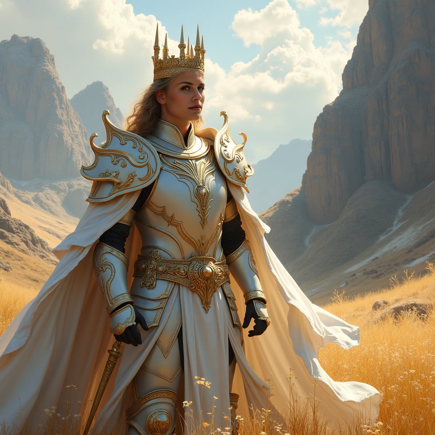 Female paladin, white armor, detailed, magical backdrop.