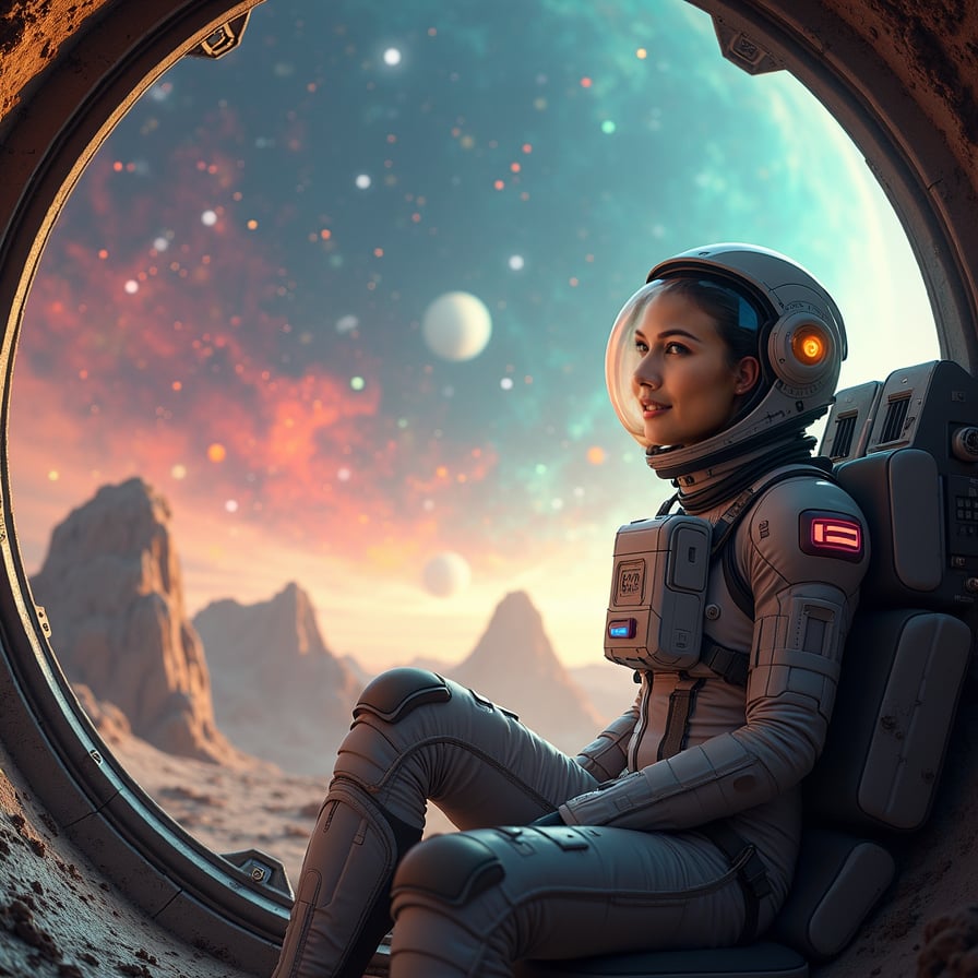 A futuristic scene with a woman standing on a rocky alien planet, gazing up at a sky filled with colorful nebulas and distant stars. She is wearing a sleek, high-tech space suit with glowing accents. Planets and asteroid belts are visible in the sky. The scene is filled with soft, otherworldly lighting and the vibrant hues of interstellar space