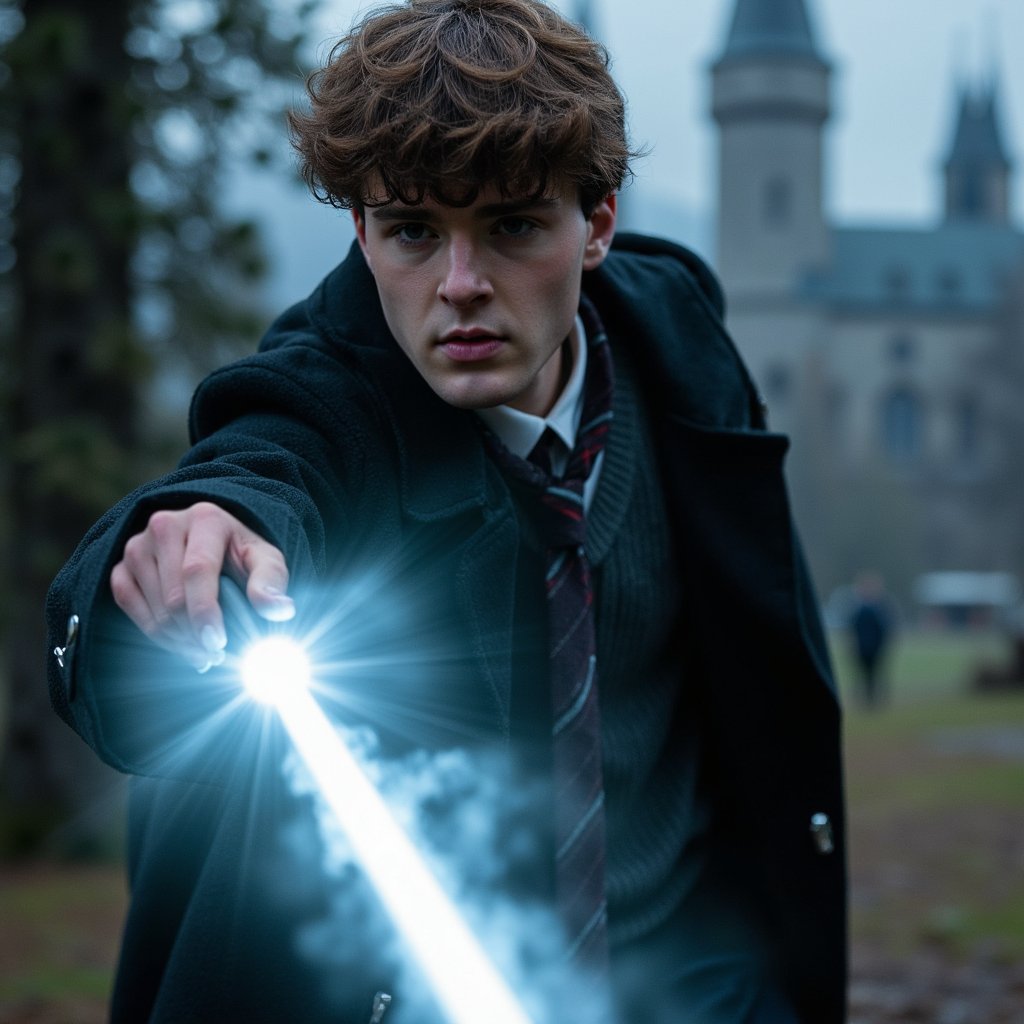 Ultra-detailed HDR full-body, low-angle action shot of a 17-year-old male Hogwarts student with light tan skin, sharp jawline, and piercing blue eyes narrowed in intense concentration, mouth slightly open. Medium-length wavy brown hair windswept, illuminated by the magical glow from his wand. Wearing a heavy black wool cloak fastened with a silver clasp, hem damp and dirt-streaked from the mossy forest floor. Pose: legs planted firmly, left arm out for balance, right arm extended forward with wand emitting a glowing silver stag Patronus; mist swirling around ankles. Camera: Sony A1, 24mm f/2.8 lens, aperture f/2.8, camera placed slightly below waist height looking upward to exaggerate heroic stance. Lighting: primary key from Patronus light itself — cool bluish-white (6500K) — casting high-contrast shadows across face and cloak; faint moonlight filtering through tree canopy adds a secondary cool fill; fog acts as natural diffuser. Background: towering dark tree trunks and soft blue mist, no distracting elements.