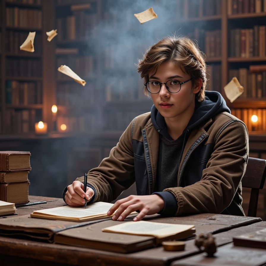 young wizard student with round glasses and messy hair, surrounded by floating books and scrolls, sitting at a vintage wooden desk with a worn leather-bound spellbook, quill in hand, amidst a warmly lit old library with tall shelves, candlelight casting flickering shadows, and a moody atmosphere of ancient wisdom.
