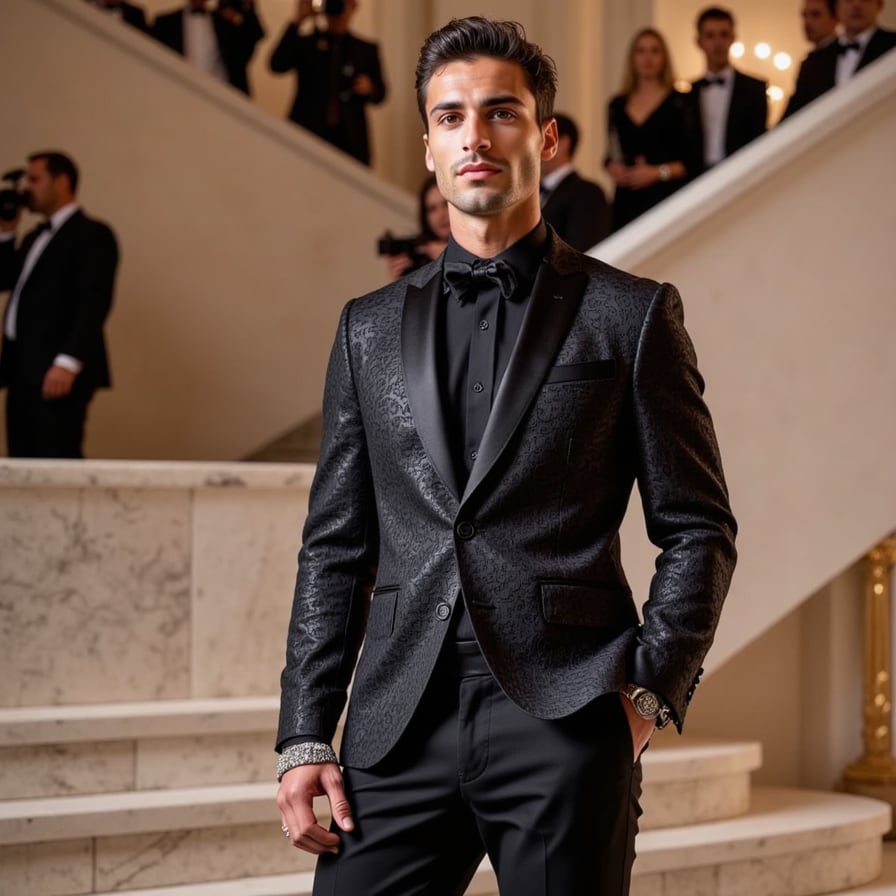 A dark romantic look for a man at the Met Gala: black lace blazer, cascading train, silver nail rings, and a gothic rose mask under flashing cameras