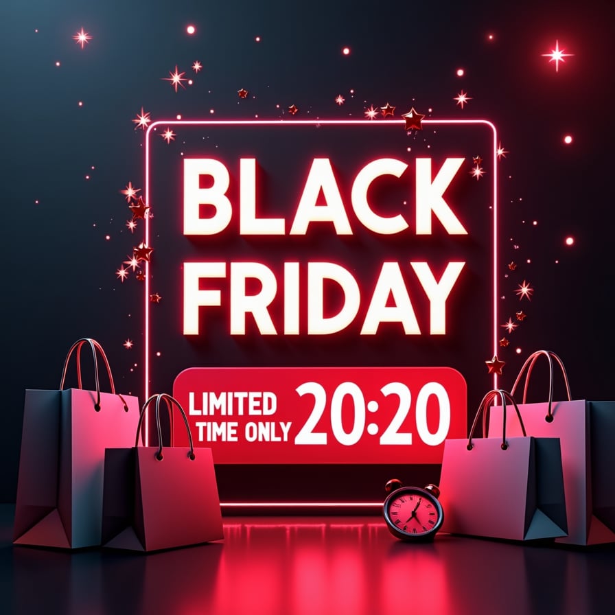 A bold Black Friday sale banner featuring a countdown timer and 'LIMITED TIME ONLY' text in striking red and white, set against a sleek dark background with glowing neon accents. Add shopping bags, a ticking clock, and festive sparkles for urgency."
