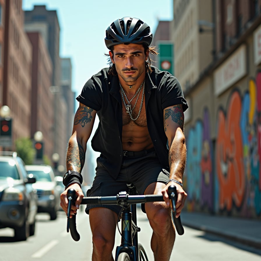 man wearing casual attire and helmet, riding a sleek road bike on a sunny day, moving through the urban streets surrounded by tall buildings and heavy traffic, capturing the dynamic energy of city life.