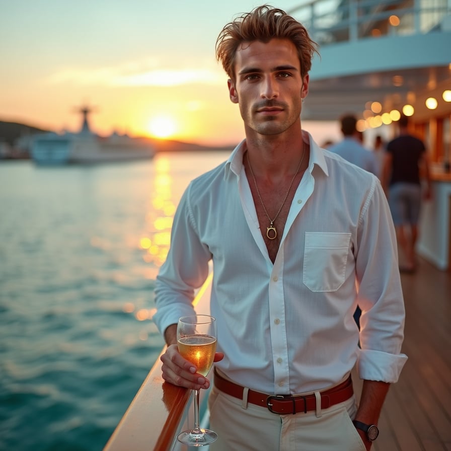 Exploring Ports: The model is dressed in a stylish yet practical outfit for exploring port destinations. he’s seen walking along the quay, interacting with locals, or shopping at a portside market, capturing the adventurous and chic side of cruise travel.