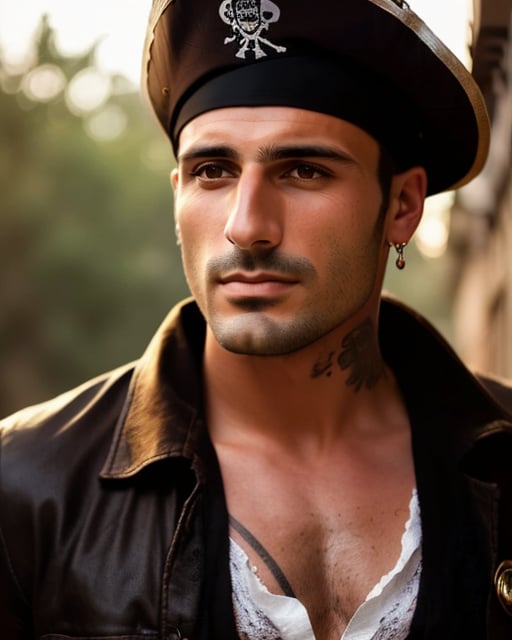 A swashbuckling pirate stands confidently on a weathered dock, wearing a worn eye patch, a three-cornered hat cocked to one side, a billowy white shirt with lace cuffs, and tall black boots with a subtle shine, lit by warm golden sunlight casting a dramatic shadow.