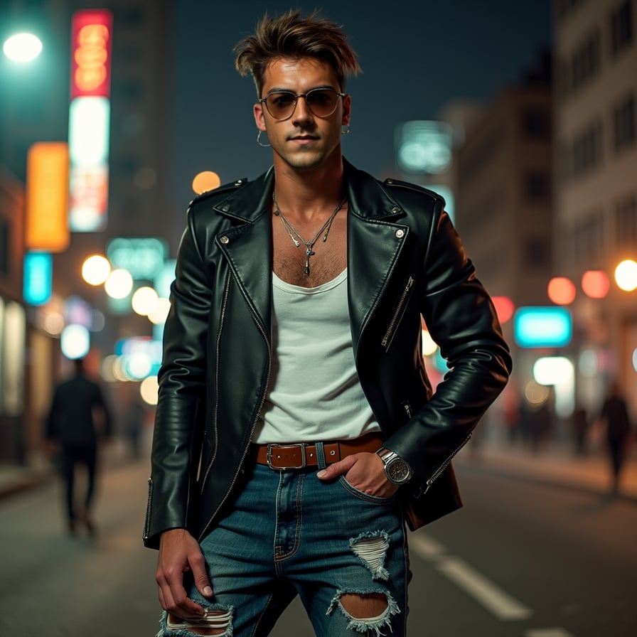 Pose: Standing with his feet shoulder-width apart, with one hand resting on his hip and the other holding a cigarette.
Expression: Confident, with a hint of rebelliousness and a sense of independence.
Clothing: A fitted, black leather jacket, a white tank top, and a pair of distressed, high-waisted jeans, giving off a tough, edgy vibe.
Accessories: A pair of aviator sunglasses, a leather belt with a silver buckle, and a messy, undone hairstyle.
Background: A gritty, urban background with a cityscape at night, evoking the feeling of a bustling metropolis.