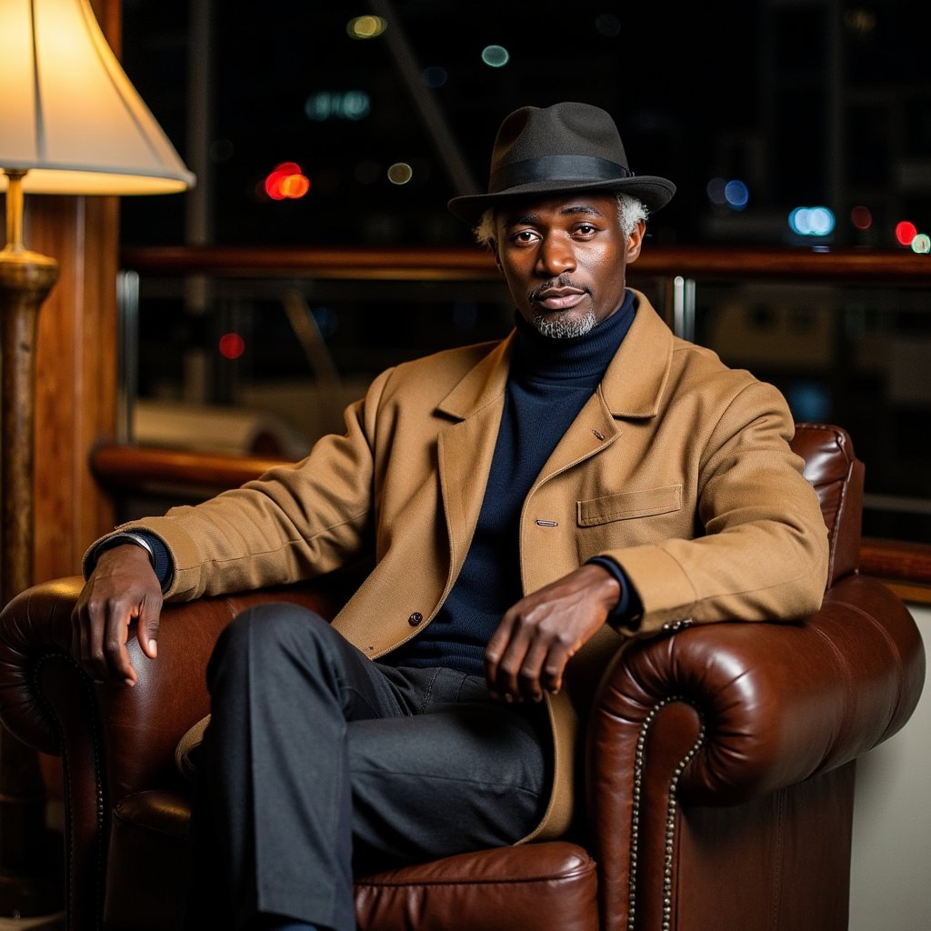 Highly detailed, highly realistic, HDR wide (24 mm, f/4.0, marina dawn): camel cashmere overcoat over navy cashmere turtleneck, charcoal flannels, suede loafers; silver hair combed back; soft pastel dawn key with water bounce; both hands on yacht rail, shoulders squared; background = moored boats in gentle bokeh, deck pristine.