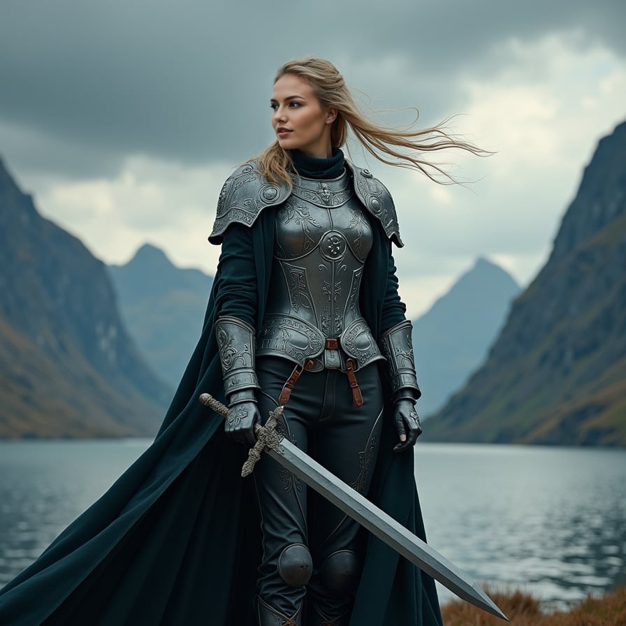 woman in medieval warrior attire, wielding a sword with confidence and strength, posed against a dramatic, stormy sky backdrop