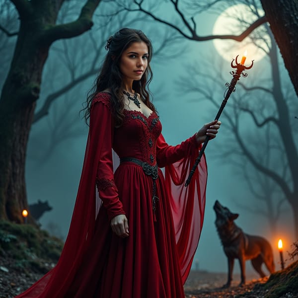 woman in a bold, scarlet dress, standing tall with an otherworldly aura, moon glow casting an ominous light on her face, amidst a hauntingly eerie landscape with twisted trees, howling wolves, and an unsettling mist.