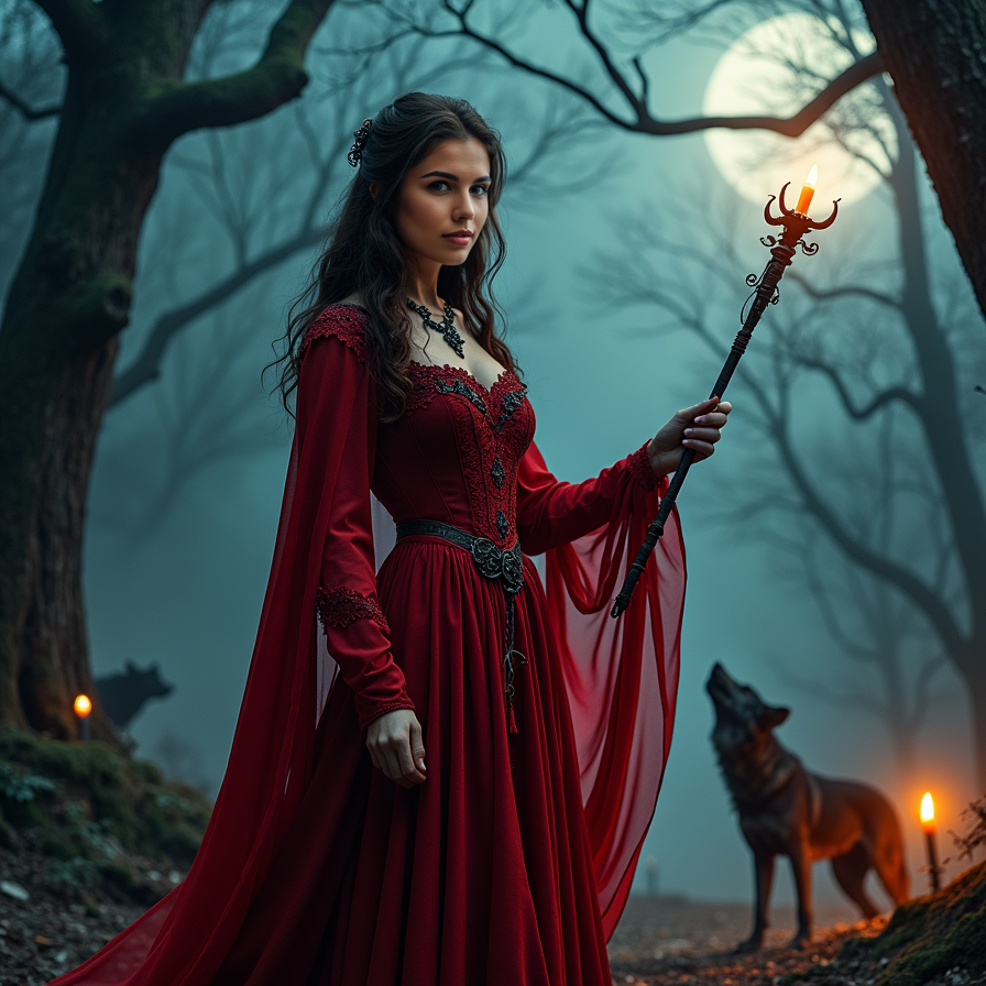 woman in a bold, scarlet dress, standing tall with an otherworldly aura, moon gl