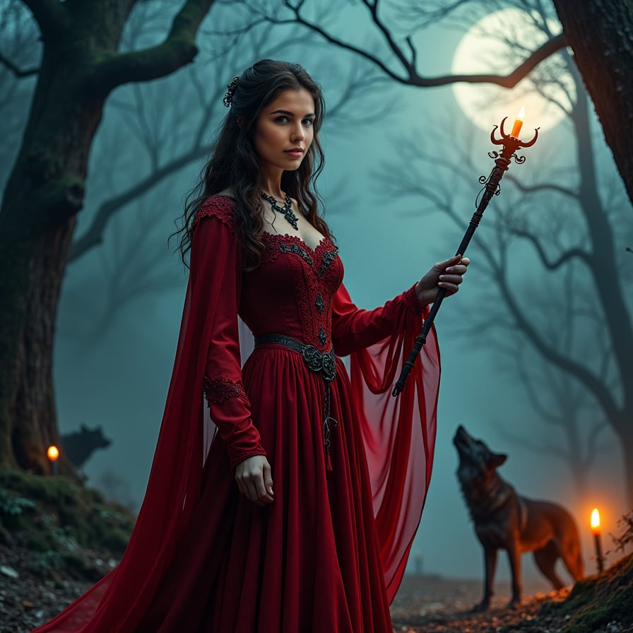 woman in a bold, scarlet dress, standing tall with an otherworldly aura, moon glow casting an ominous light on her face, amidst a hauntingly eerie landscape with twisted trees, howling wolves, and an unsettling mist.
